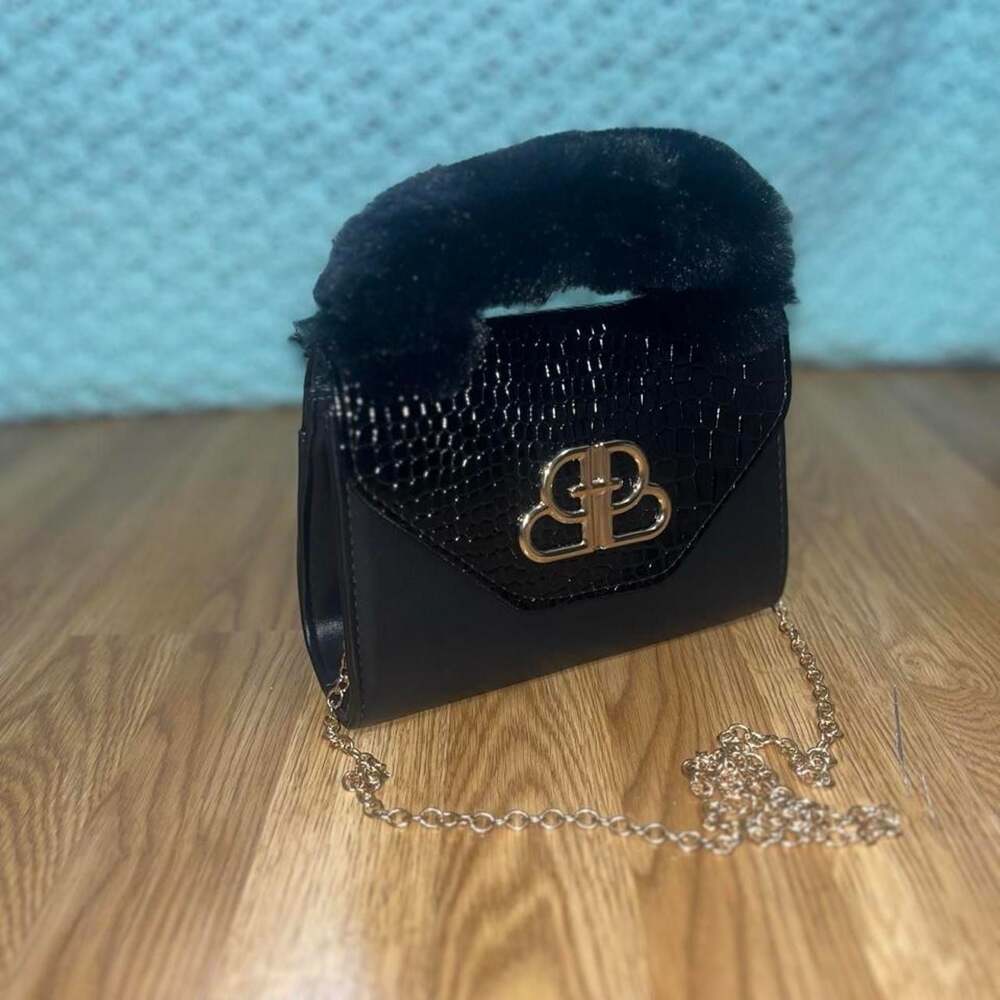 Black Faux Fur Mini Handbag with Gold Chain Strap